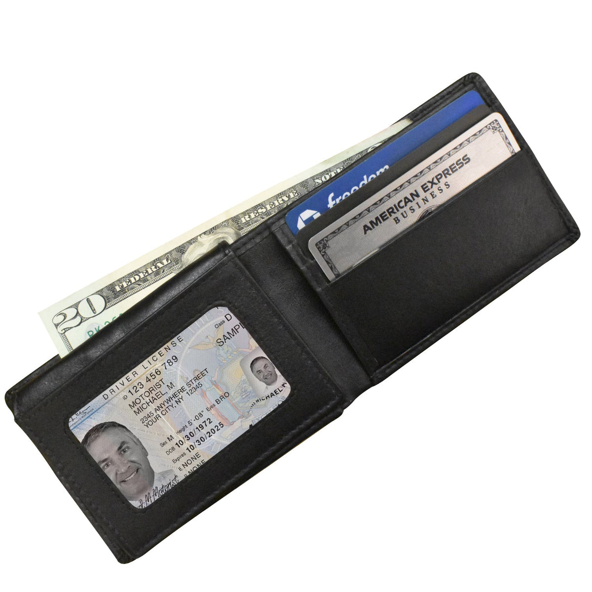 Black wallet with various cards and money on a white background