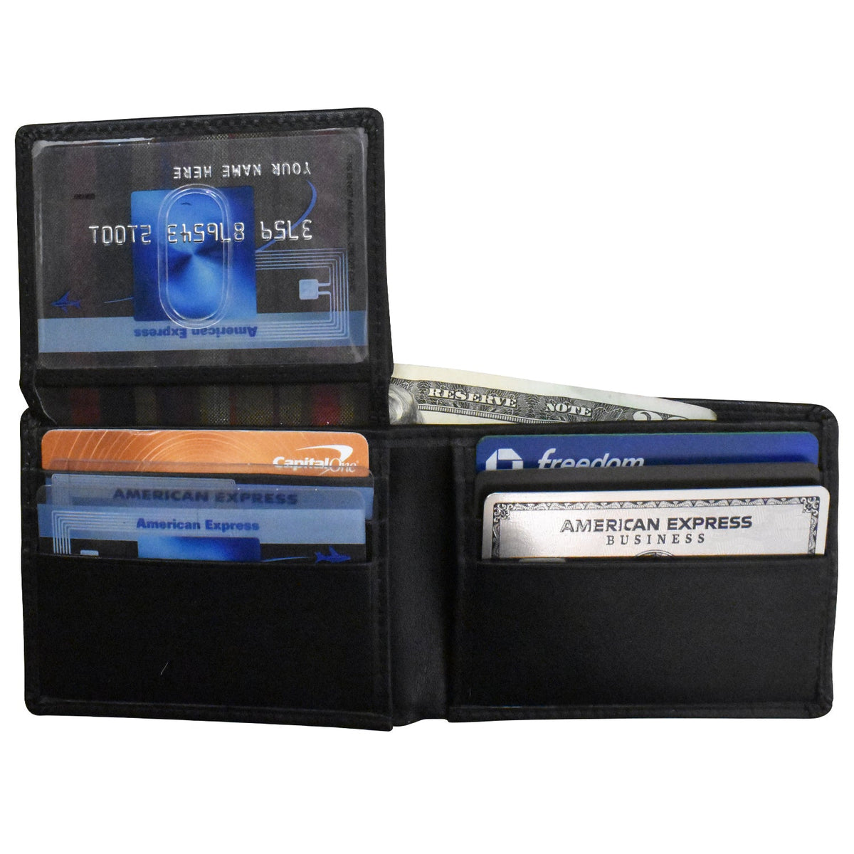 Black wallet with various cards inside on a white background
