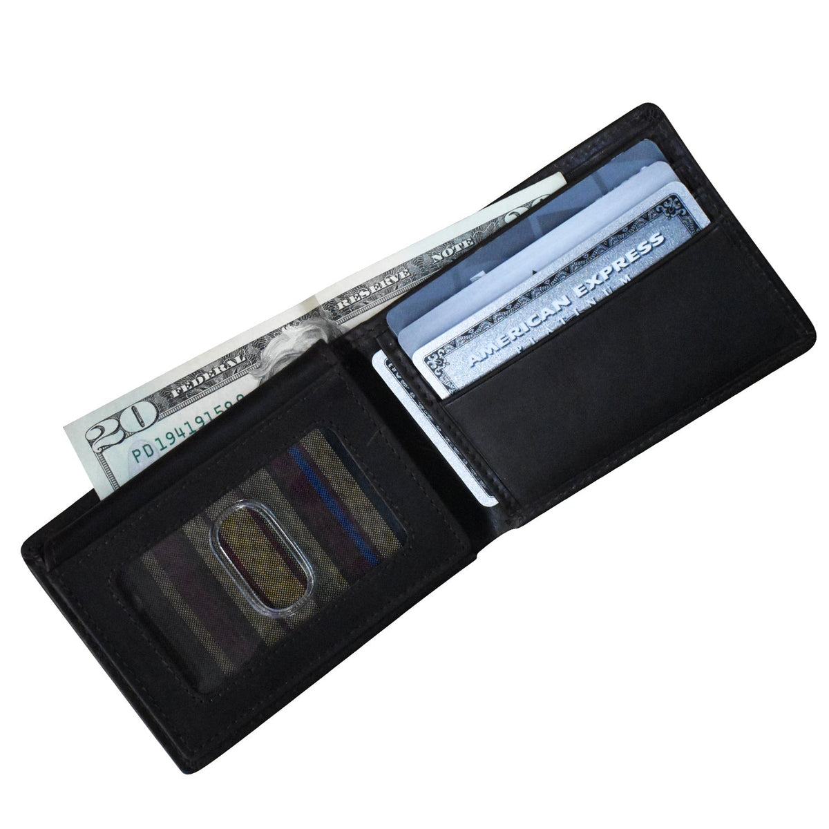 Black wallet with money and cards on a white background