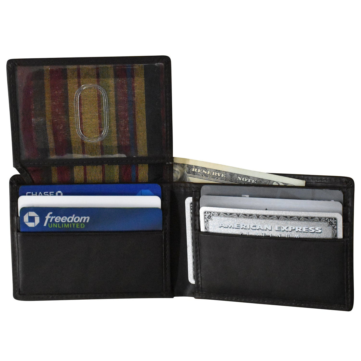 Black wallet with various cards and money on a white background