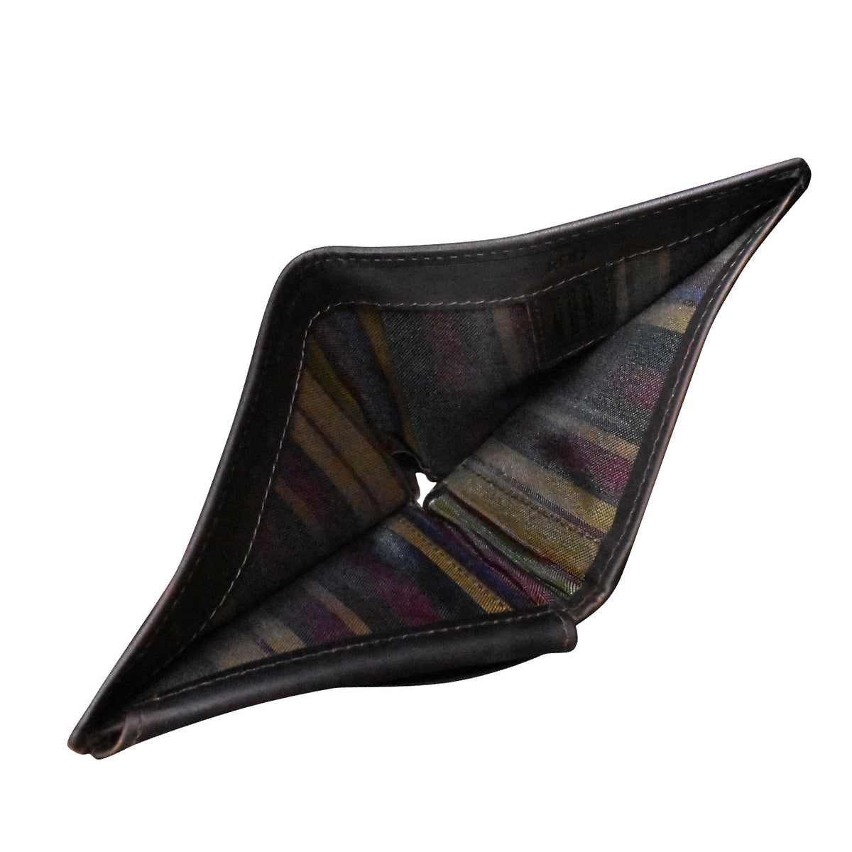 Black leather wallet with striped lining on a white background
