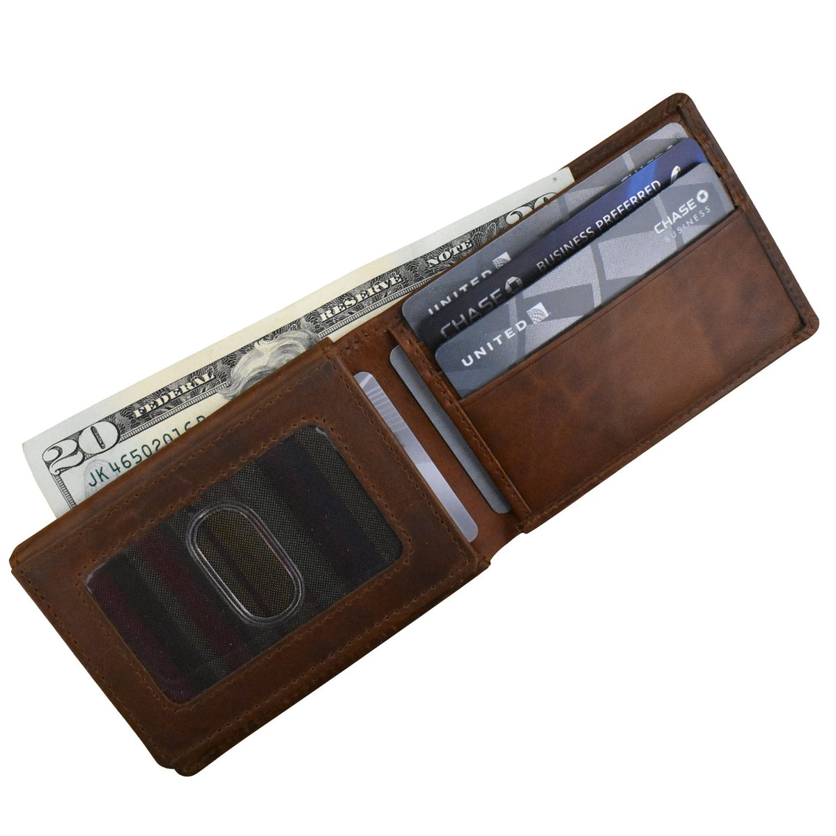 Brown leather wallet with money and cards on a white background