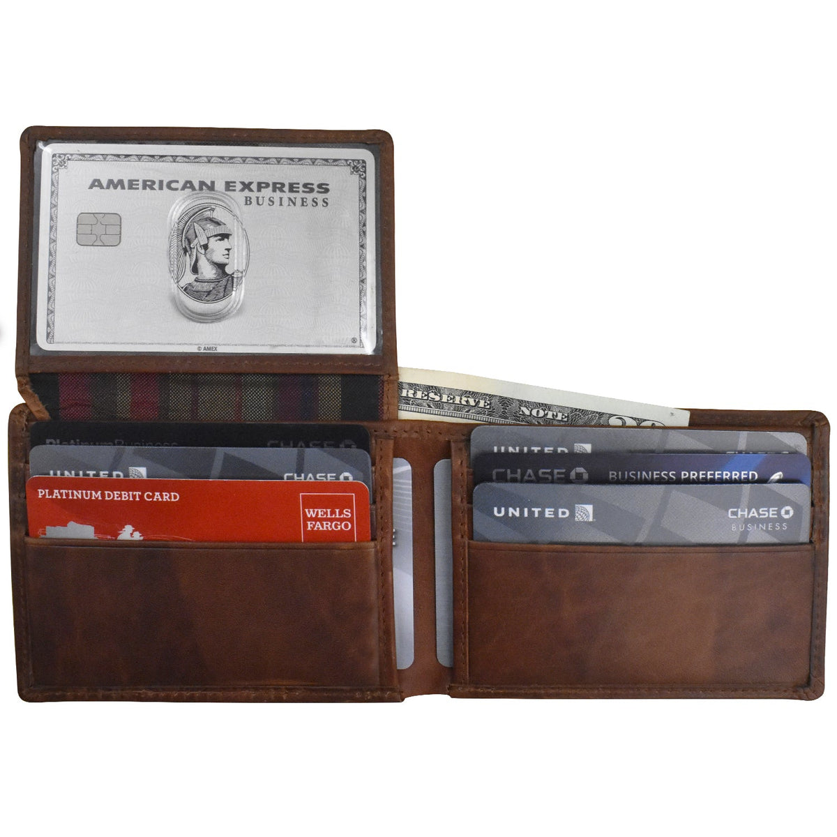 Brown leather wallet with various cards displayed on a white background