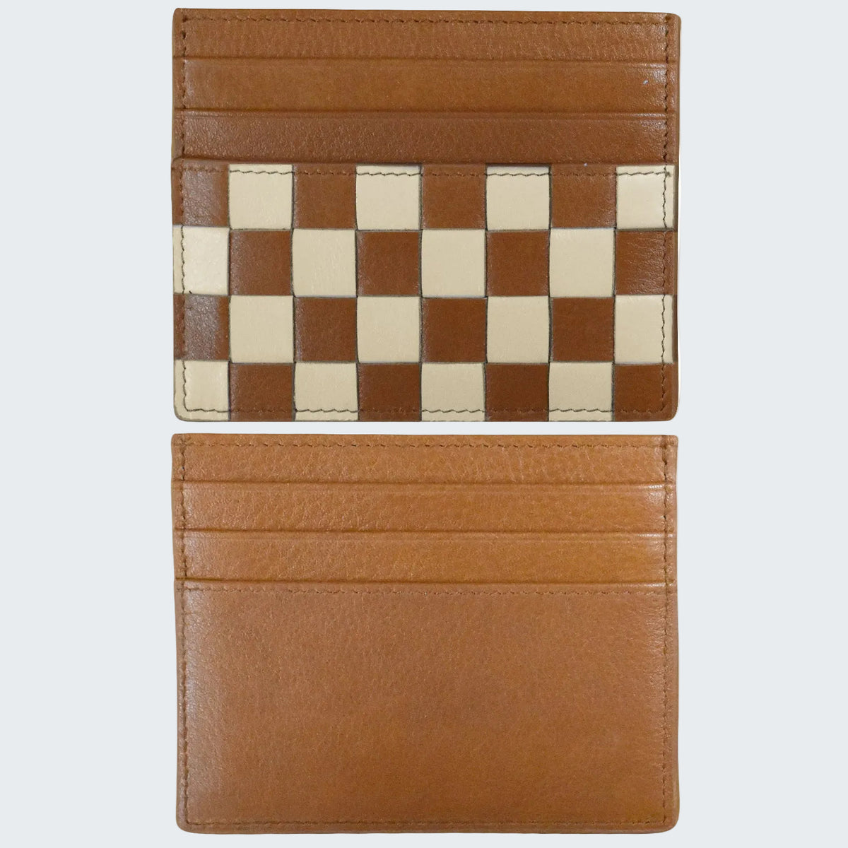 Brown leather cardholder with checkered pattern on a white background