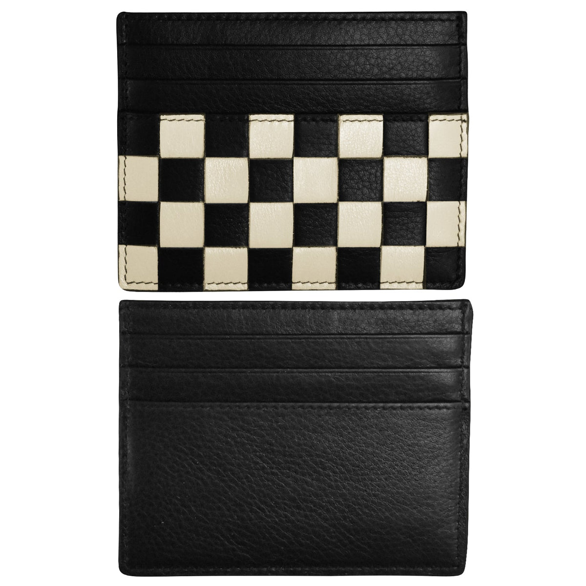 Black leather card holder wallet shown from two angles: the front features a woven checkerboard pattern in black and cream, and the back is plain black pebbled leather.