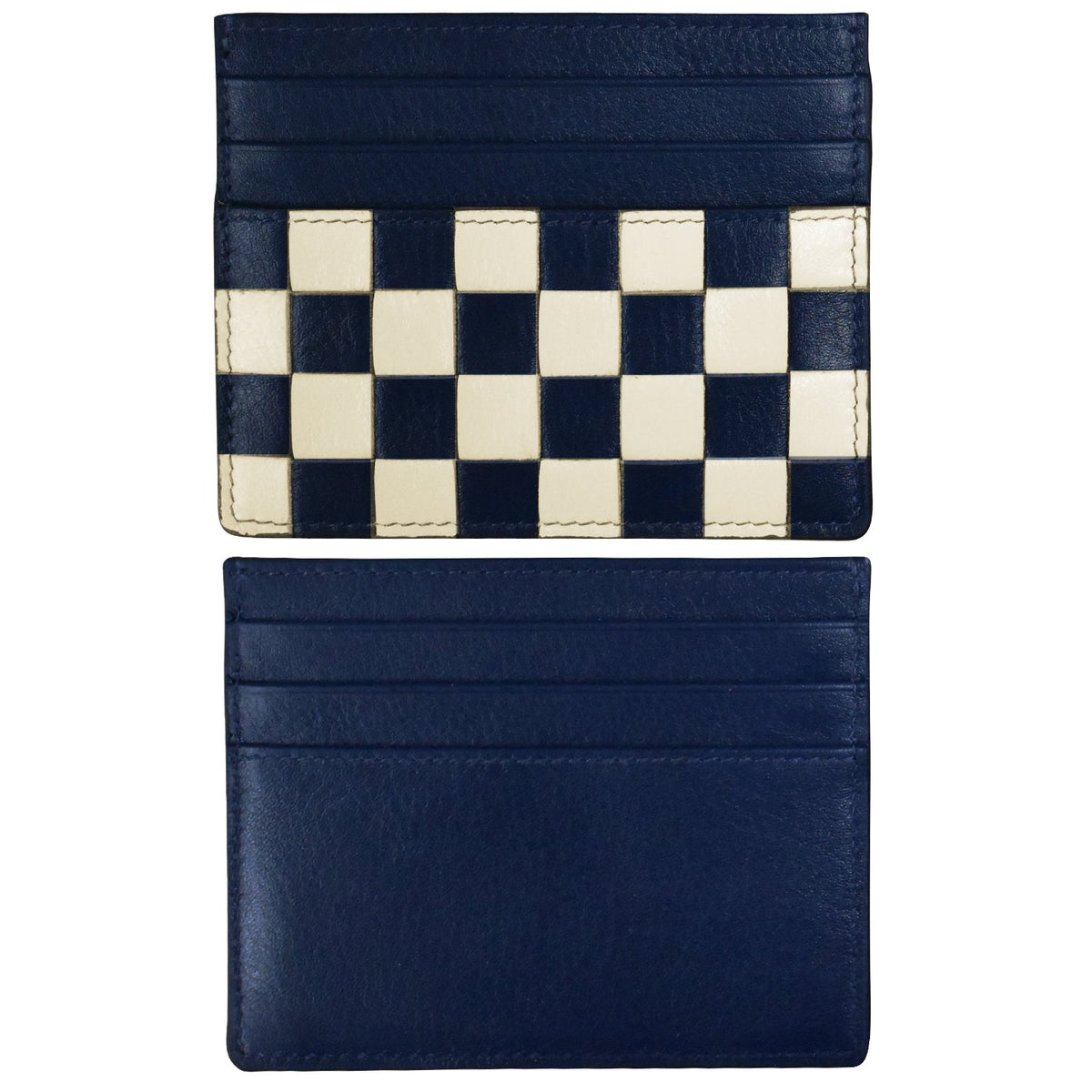 Navy blue and checkered cardholder on a white background