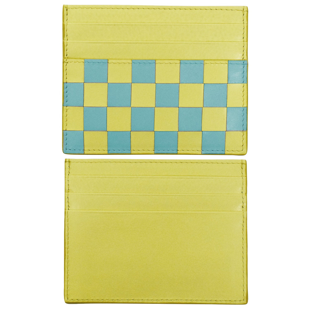 Yellow and blue checkered cardholder on a white background