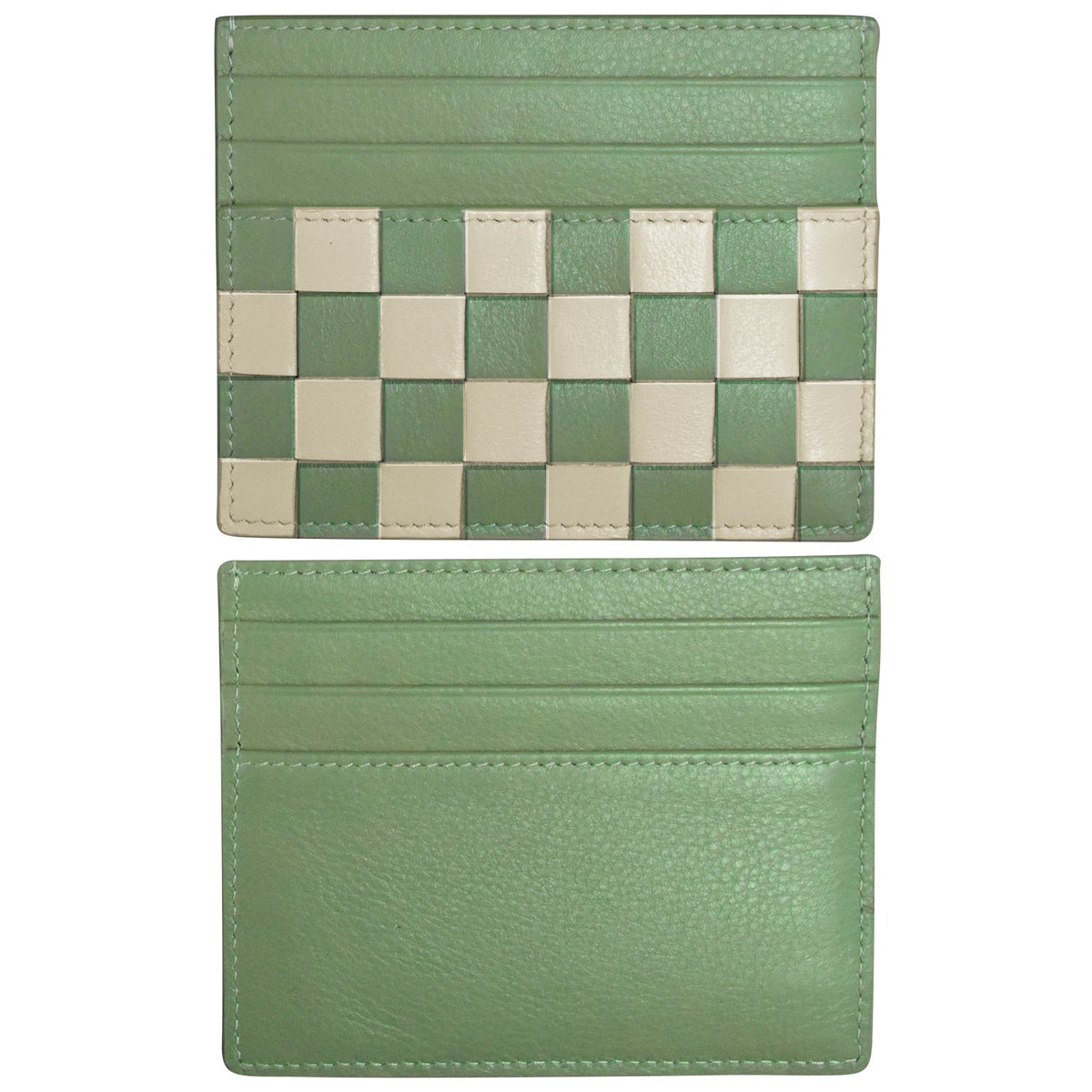 Green woven cardholder with a plain green back on a white background