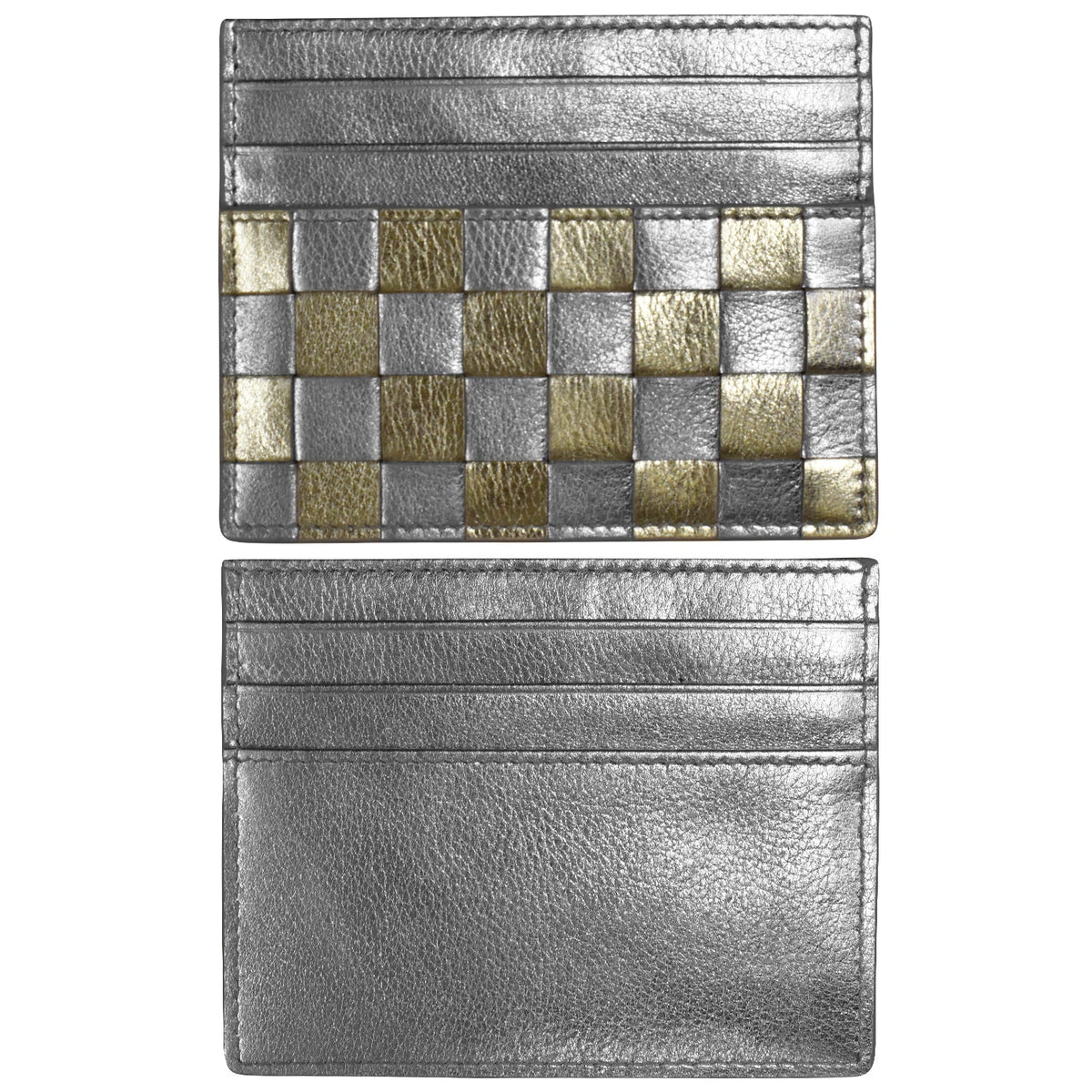 Silver and gold checkered cardholder on a white background