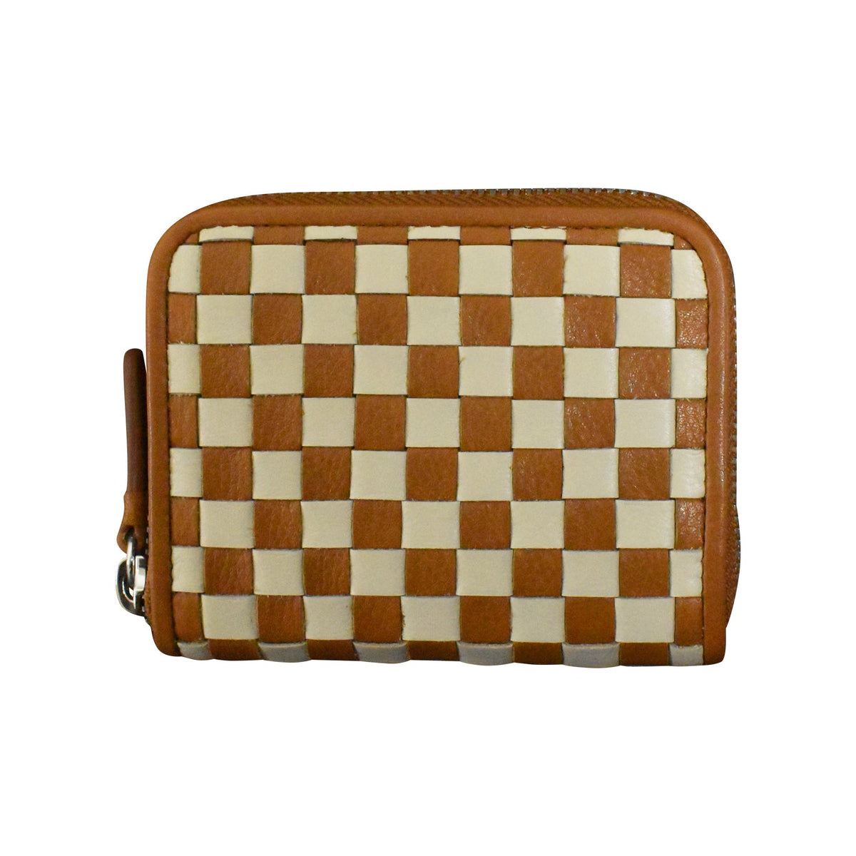 Checkered brown and beige wallet on a white background