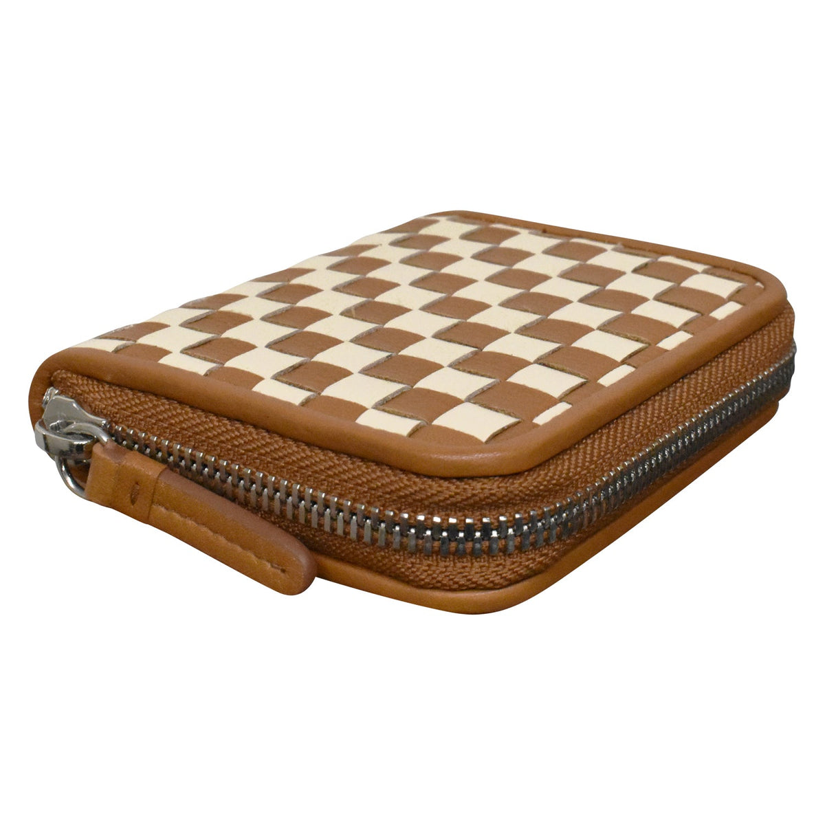 Checkered brown and white pouch with a zipper on a white background