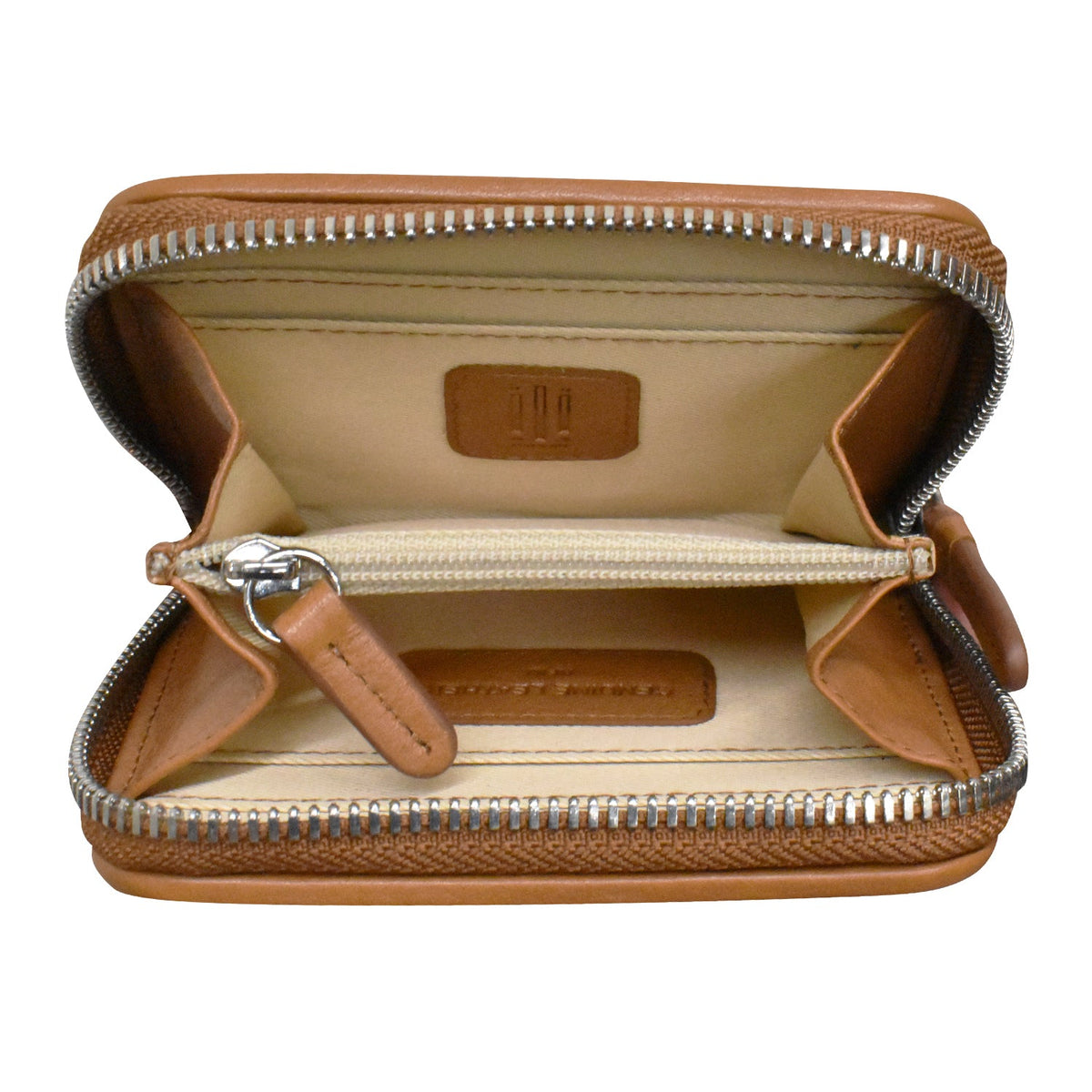 Open brown leather wallet with visible brand logo on a white background
