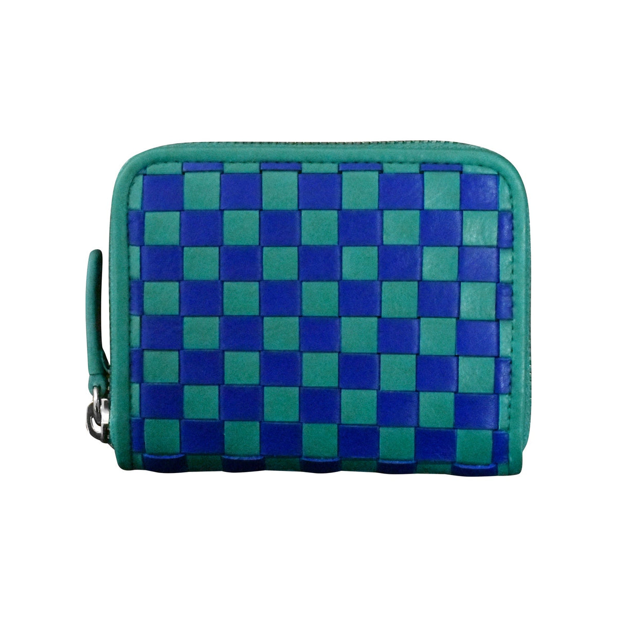 Green and blue checkered wallet on a white background
