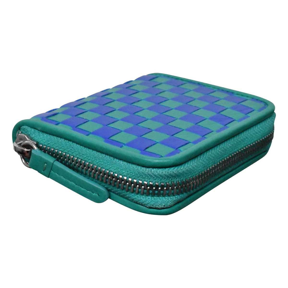 Green and blue checkered zippered pouch on a white background