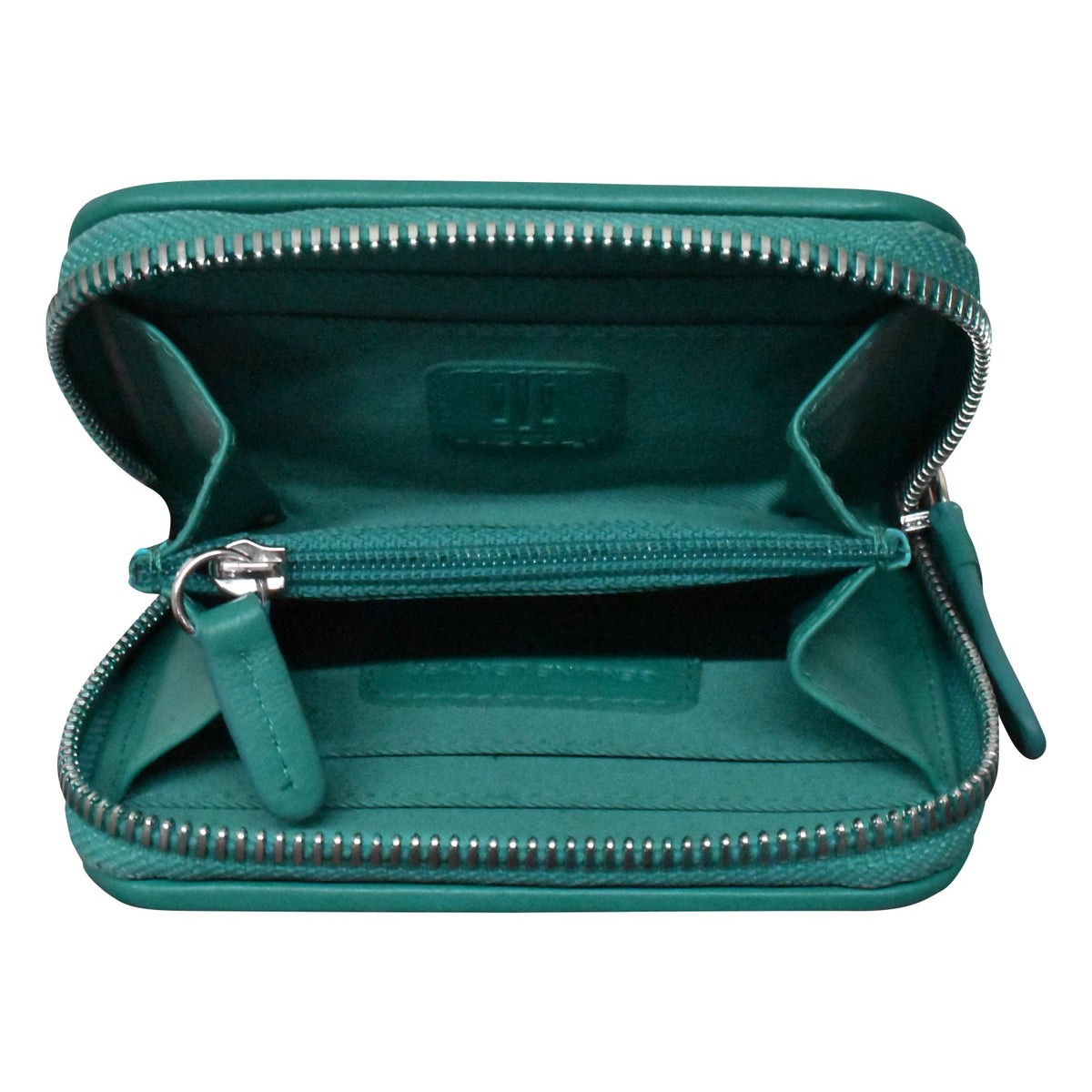 Teal zippered pouch with a visible brand logo on a white background