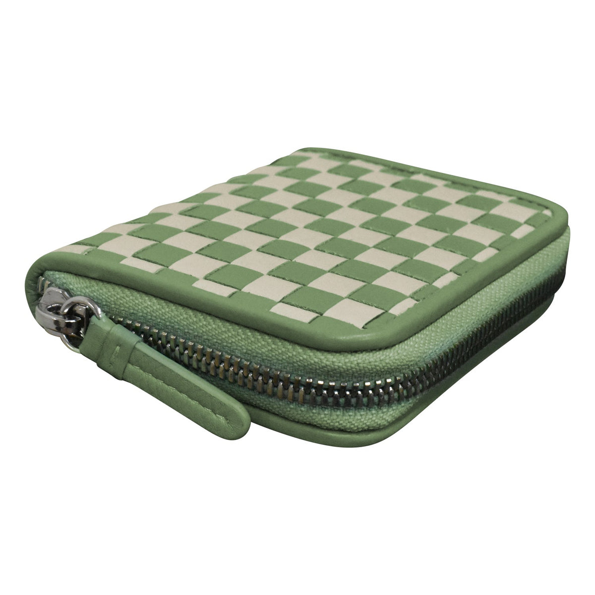 Green and white checkered zippered pouch on a white background