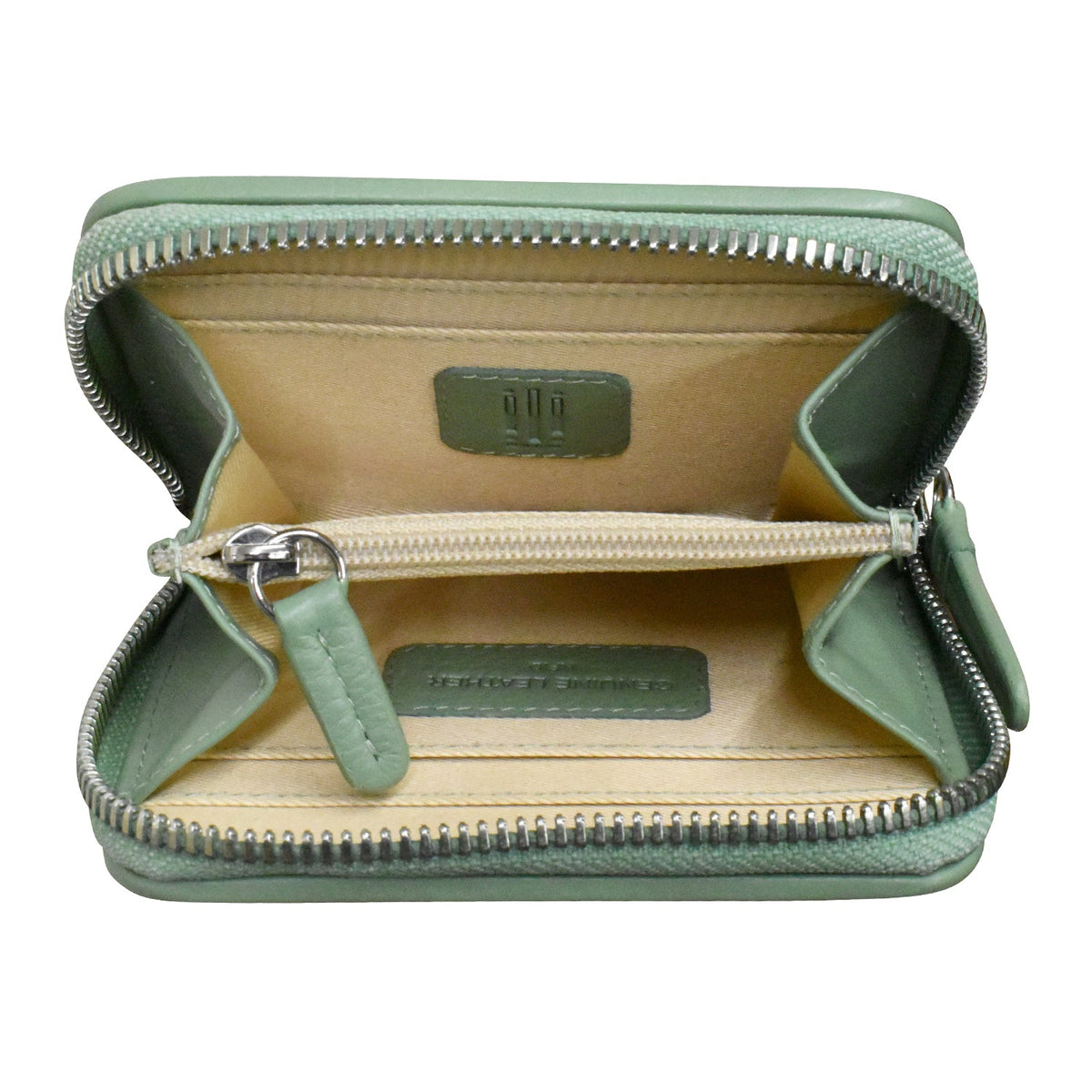 Green wallet with a zipper on a white background
