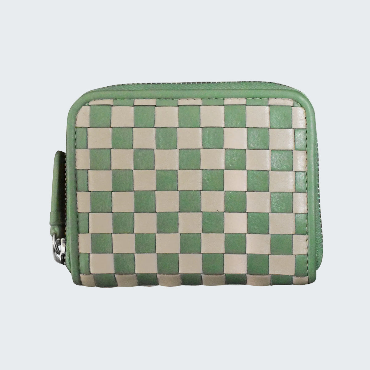 Green and beige checkered wallet on a white background
