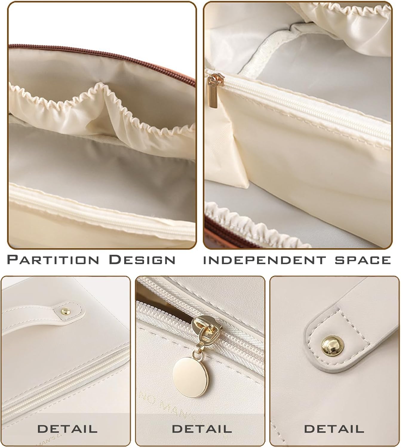 Collage of a beige handbag with partition design and independent space features.
