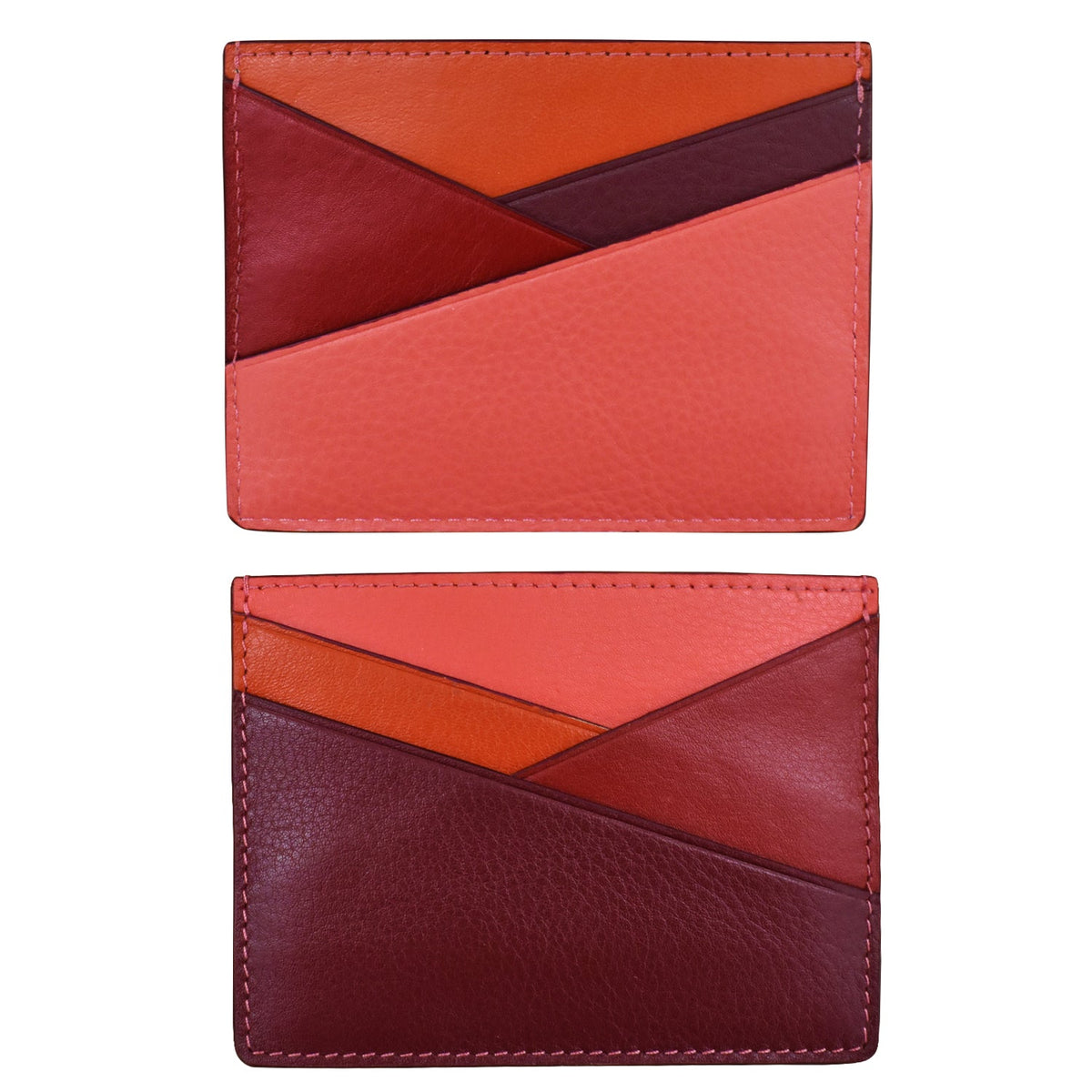 Two geometric-patterned leather card holders in red and brown on a white background