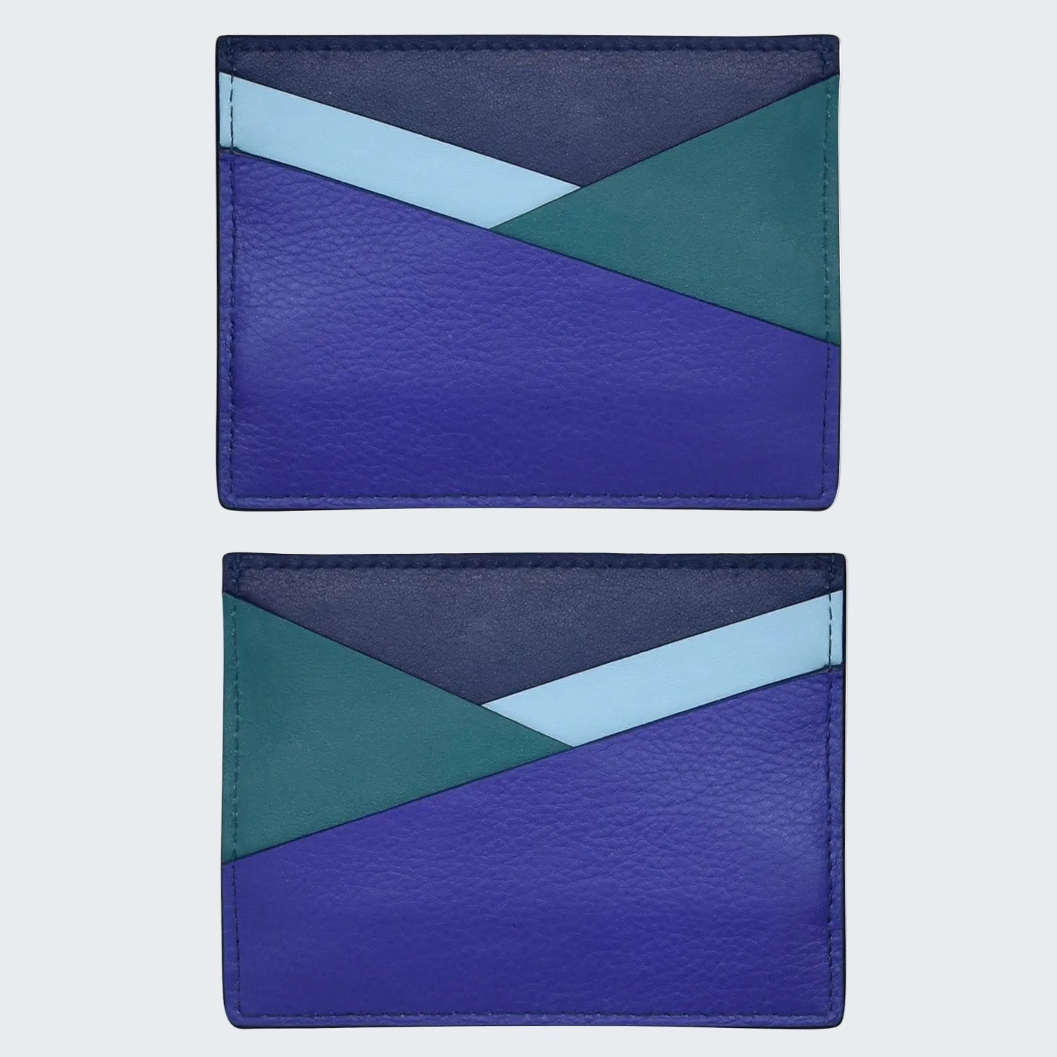 Two blue and green card holders on a white background