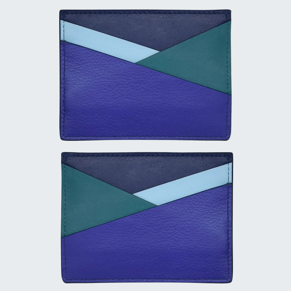 Two blue and green card holders on a white background