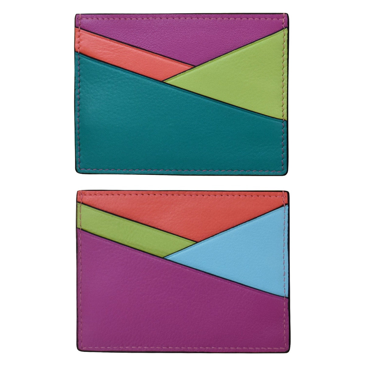Two colorful geometric-patterned card holders on a white background