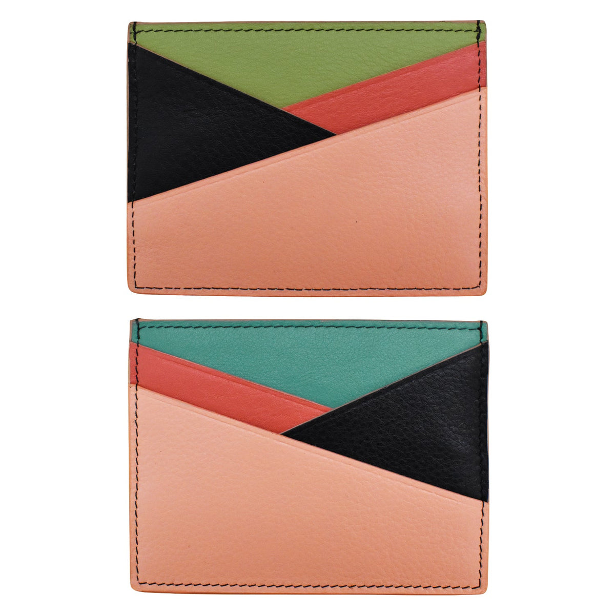 Two geometric patterned card holders on a white background