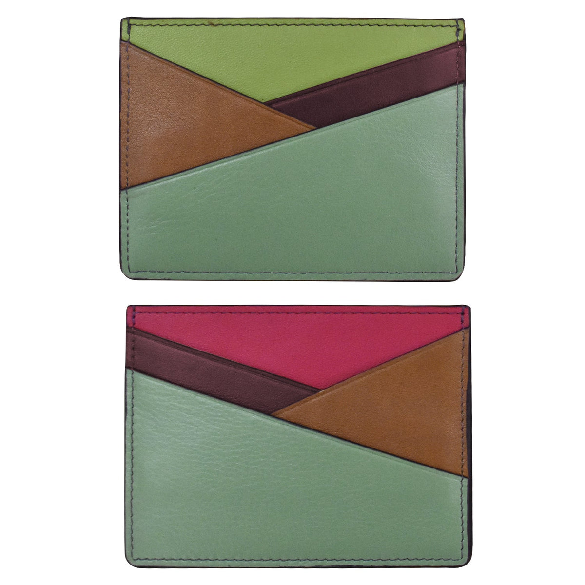 Two geometric-patterned card holders with green, brown, and pink colors on a white background.