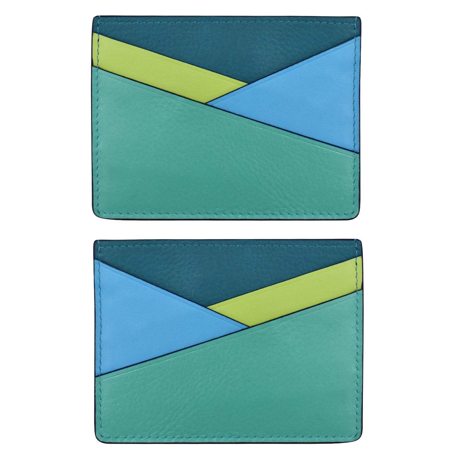 Two geometric-patterned card holders in teal and blue on a white background