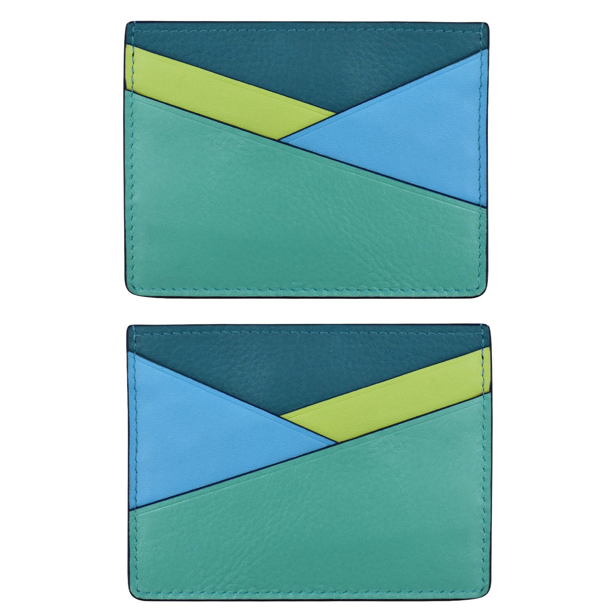 Two geometric-patterned card holders in teal and blue on a white background