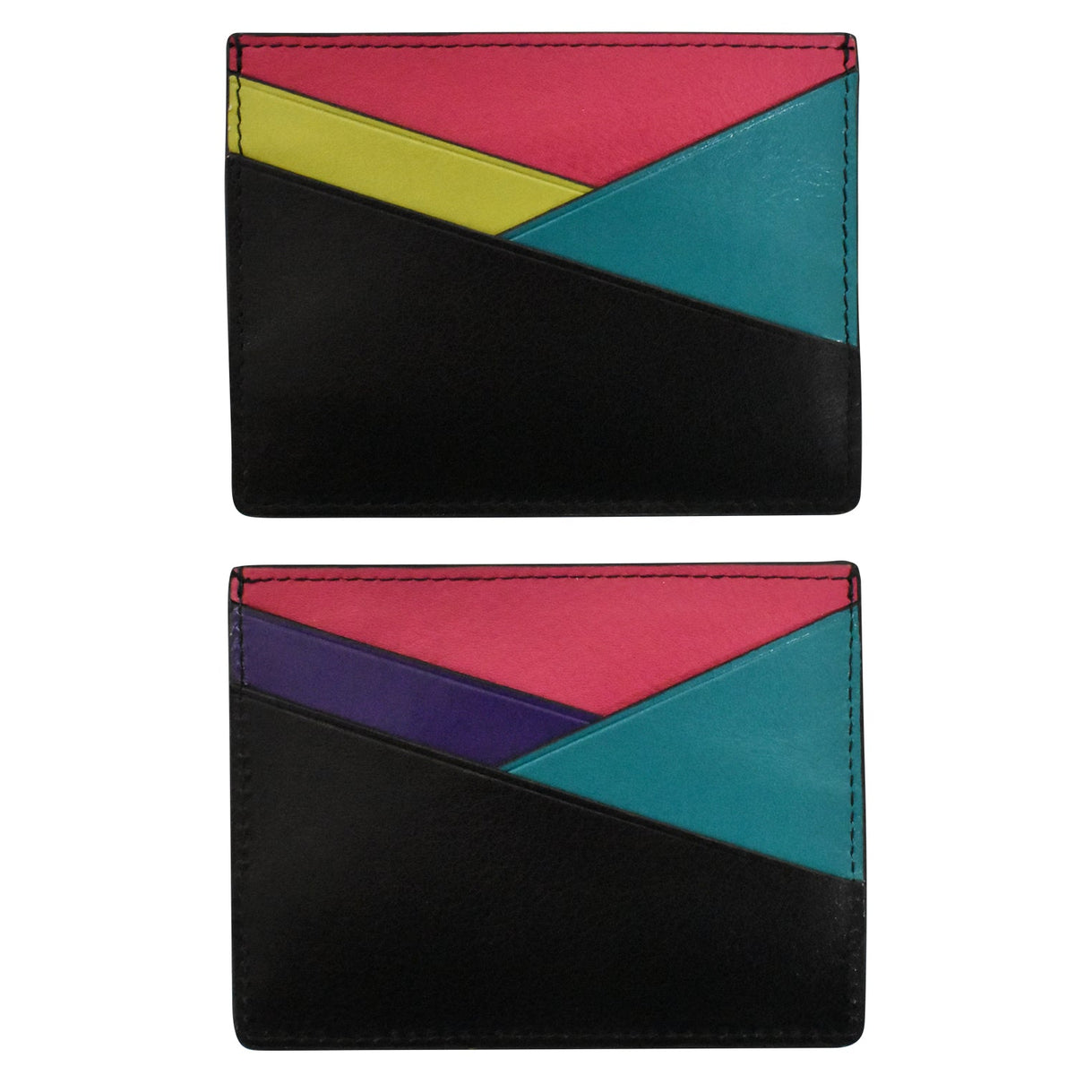 Two black leather card holders with geometric color-blocked front panels, shown vertically stacked on a white background. The top card holder has a pink, yellow, and teal design, while the bottom card holder has a pink, purple, and teal design.