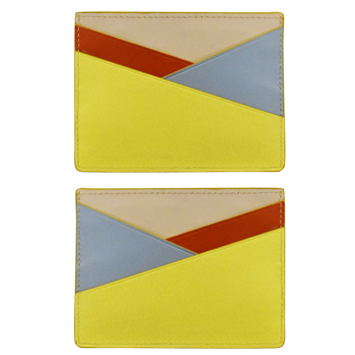Two matching slim card holders with a geometric color-blocked design, featuring a large yellow front, a light blue triangle, a rust-orange diagonal stripe, and a beige top section, shown on a plain white background.