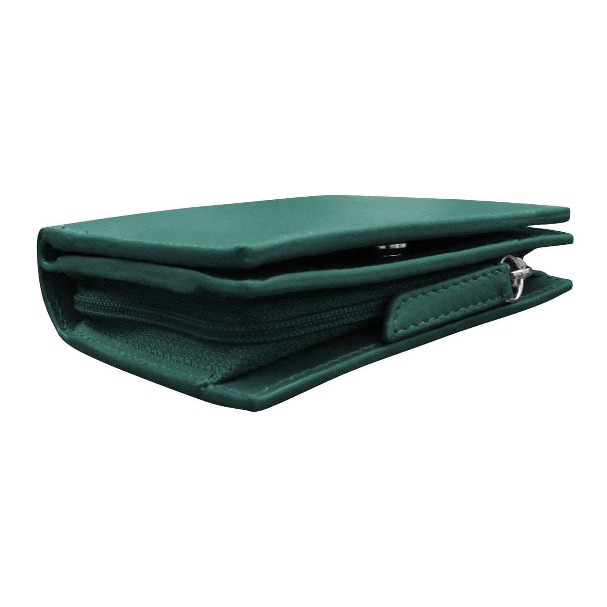 Green wallet with a zipper on a white background