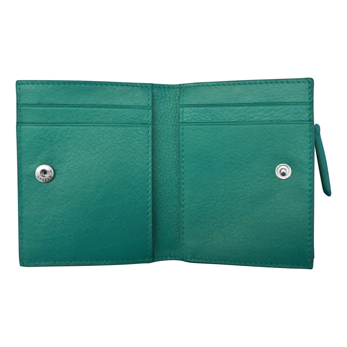 Green wallet with metal buttons on a white background