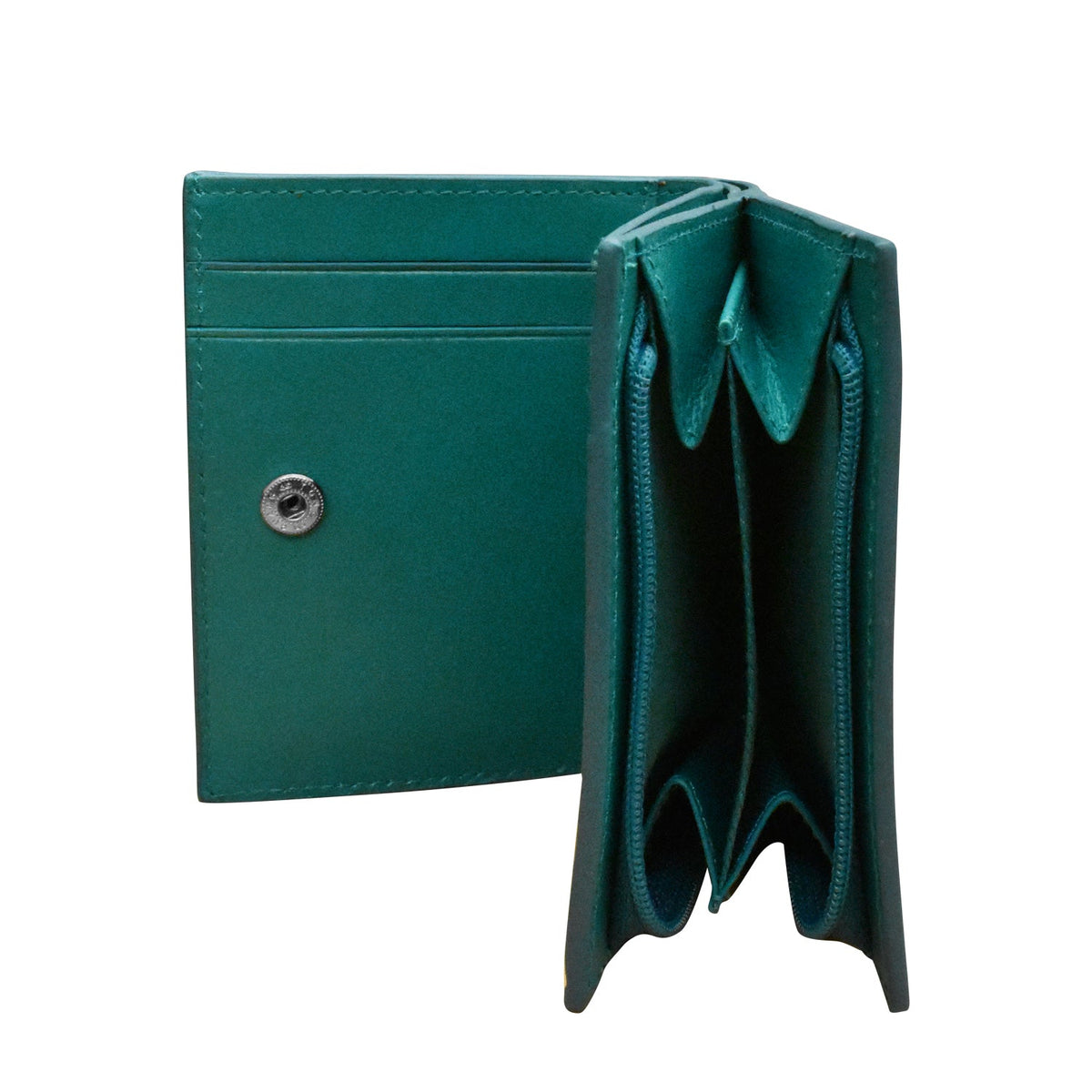 Green wallet open on a white background