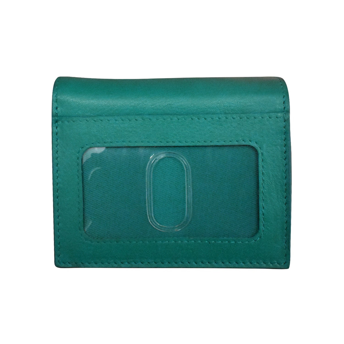 Green leather wallet with a clear card holder on a white background