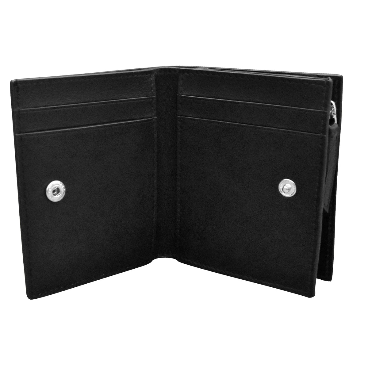 Black leather wallet open on a white background