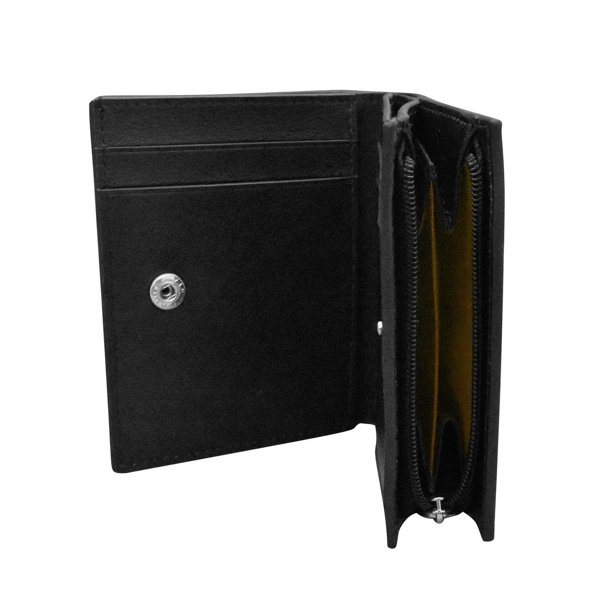 Black leather wallet open on a white background