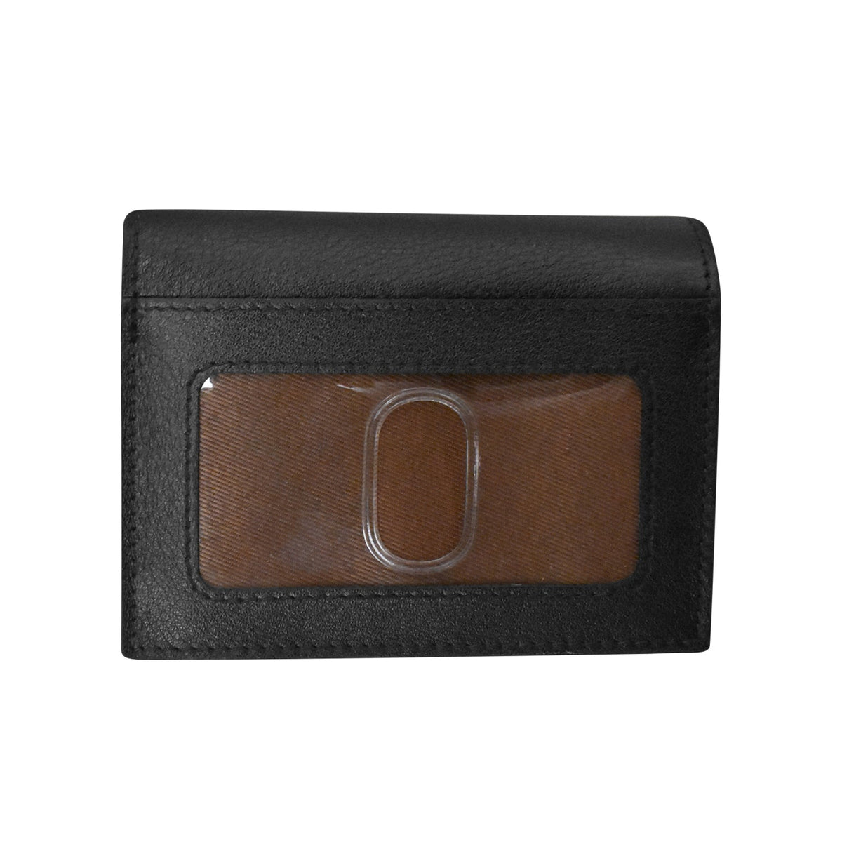 Black leather wallet with a brown rectangular patch on a white background