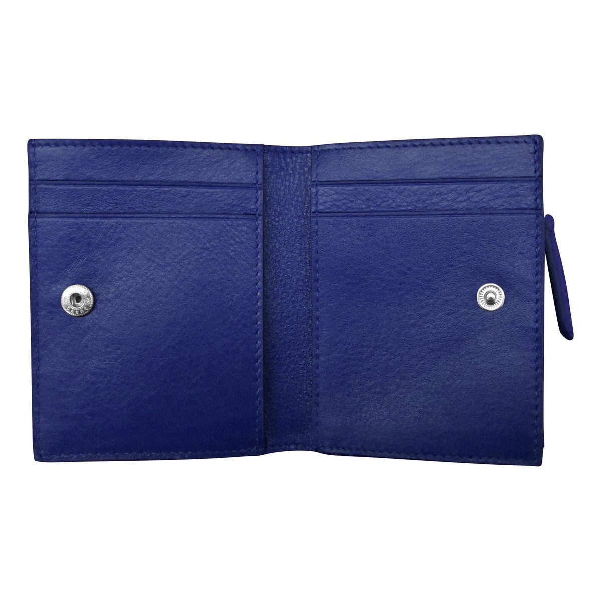 Blue wallet with visible stitching on a white background