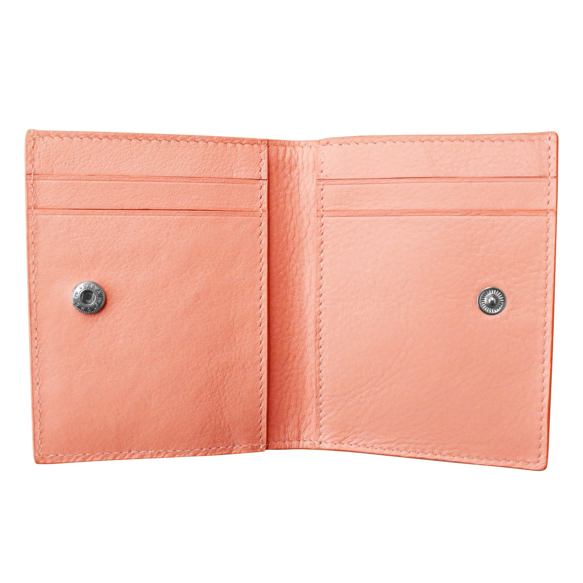 Open pink wallet with card slots on a white background