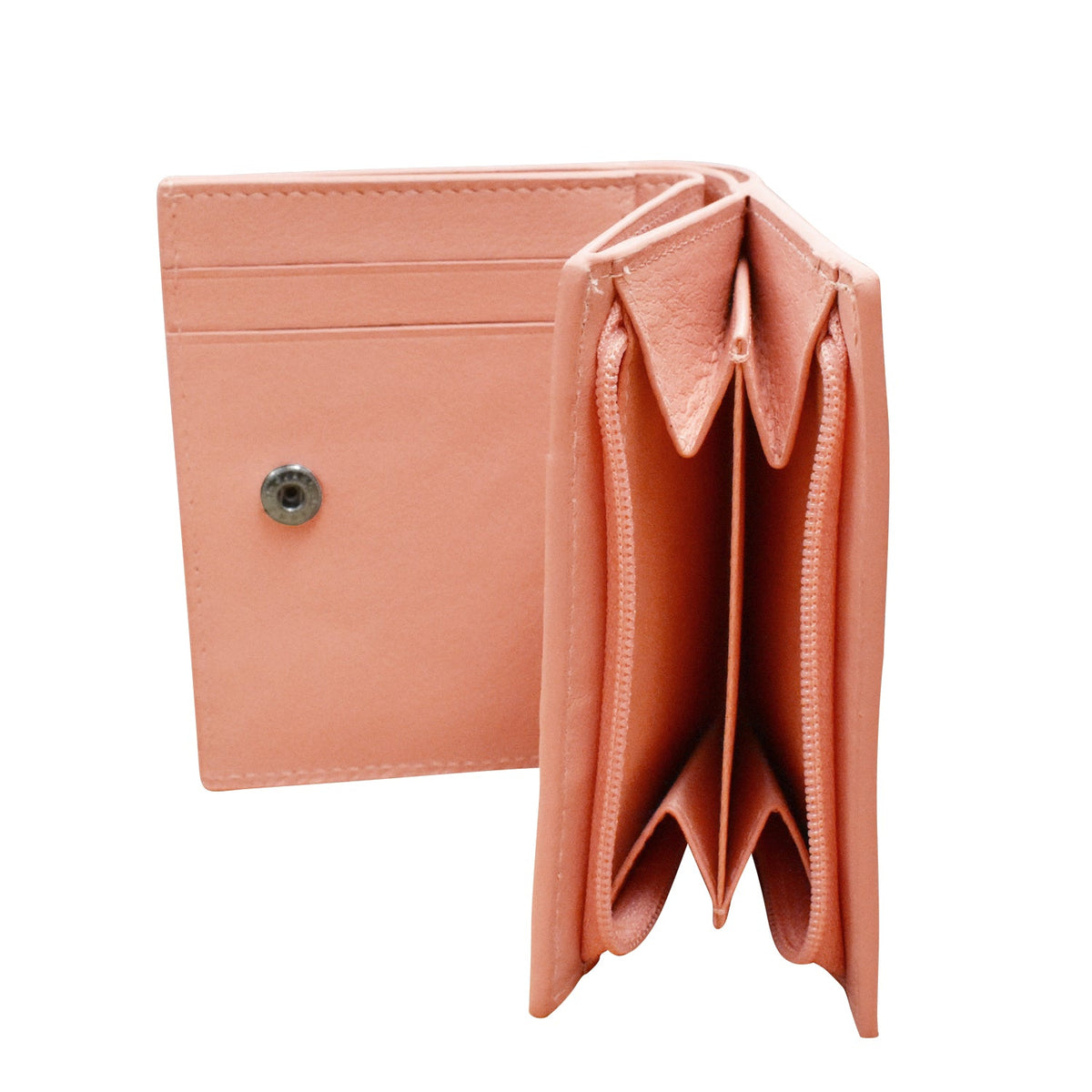 Pink wallet with a button closure on a white background