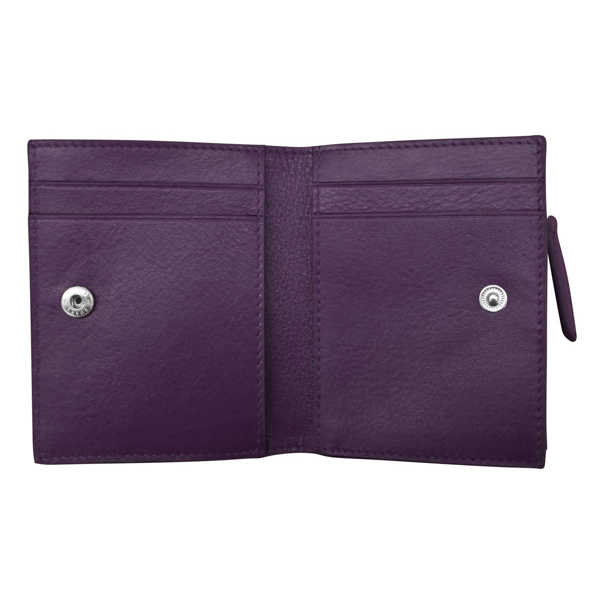 Purple wallet with visible stitching on a white background
