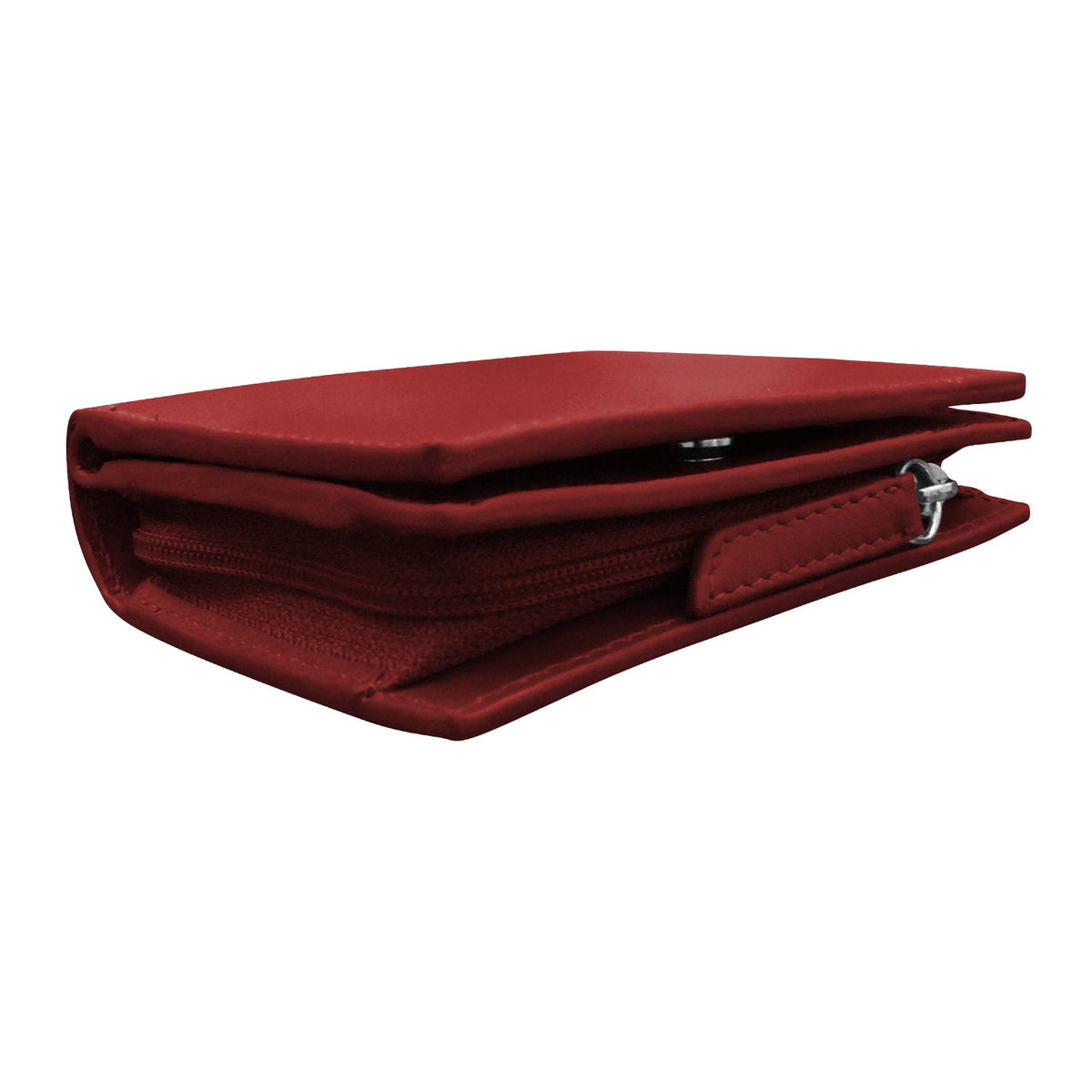 Red wallet with a silver zipper on a white background