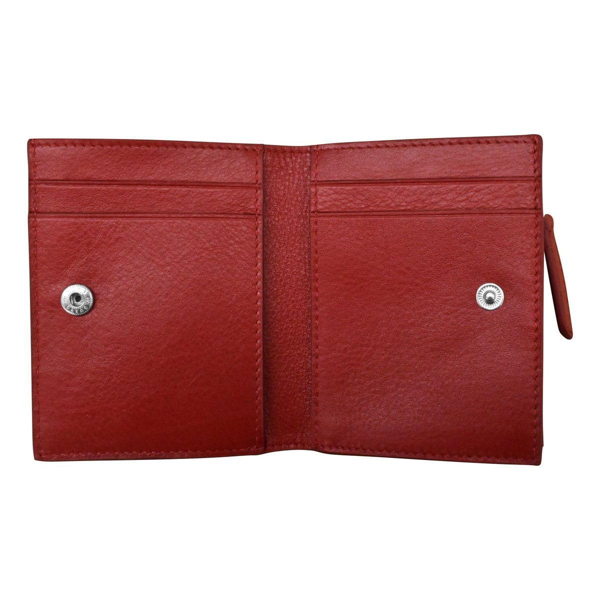 Red leather wallet open on a white background
