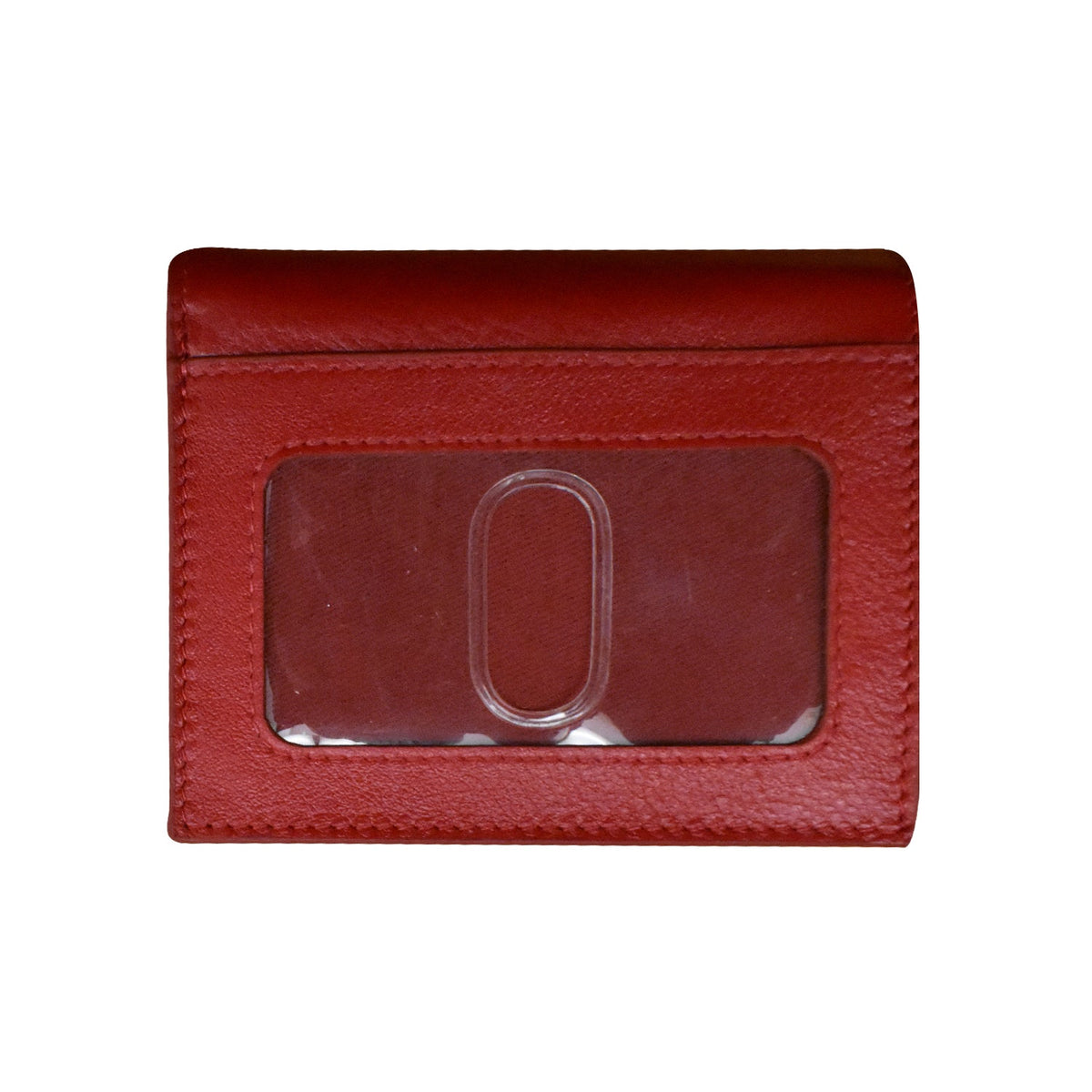 Red leather cardholder with a clear window on a white background
