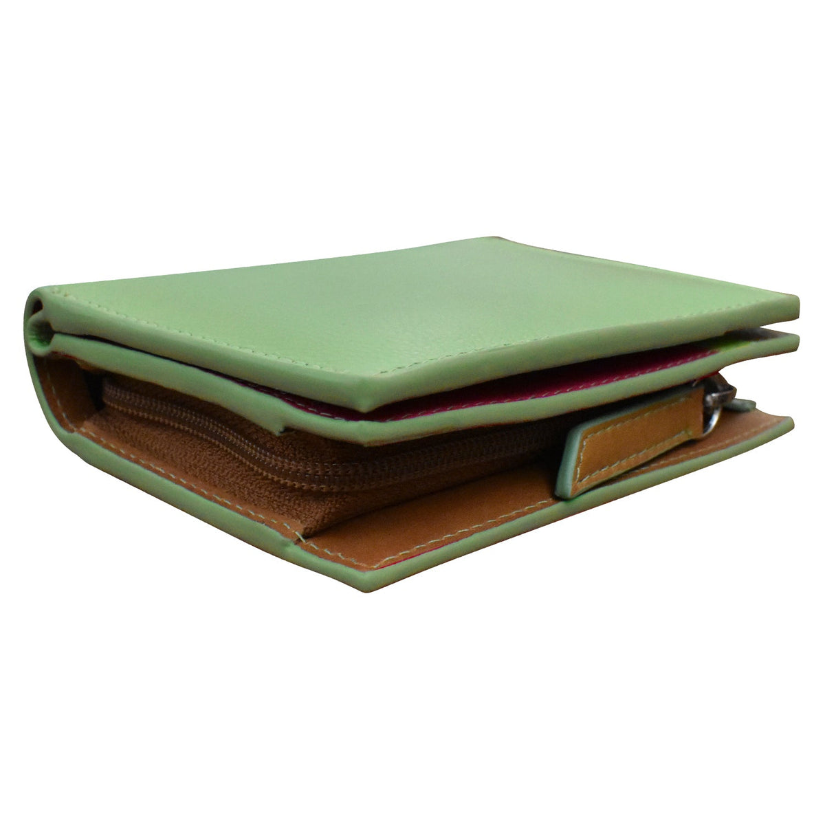 Green leather wallet with a brown interior on a white background