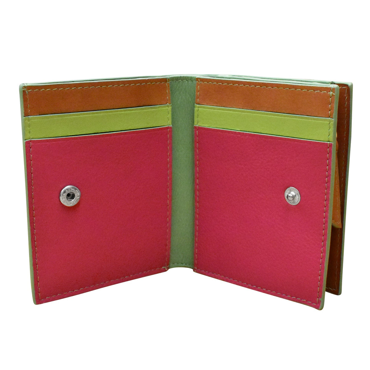 Open wallet with pink interior and green and brown exterior on a white background