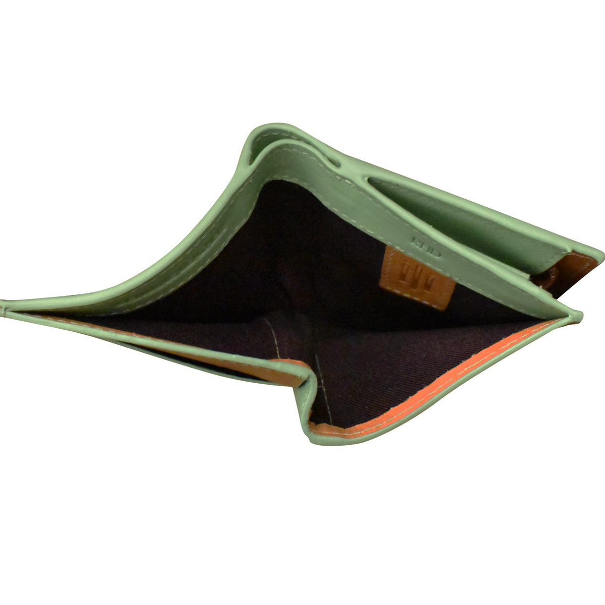 Green fabric pouch with a black interior on a white background